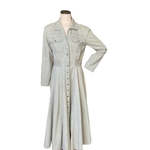 VTG Karen Alexander Cotton Button Down Shirt Dress Sz 10 Light Green Midi #76S - Picture 2 of 8